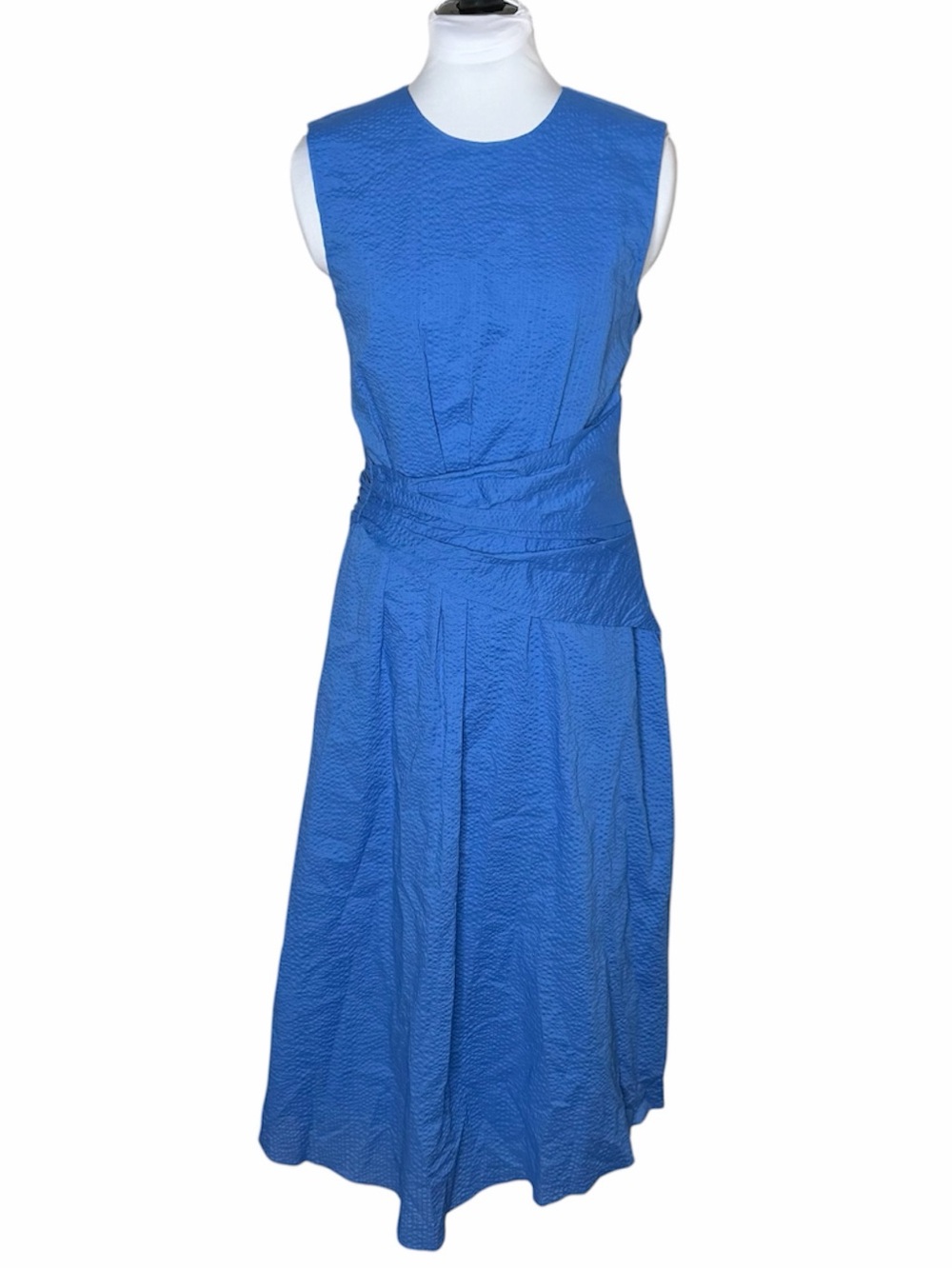 FRAME Ruched Sleeveless Cotton Midi Dress Size Medium Coastal Blue Draped Waist - Picture 4 of 11